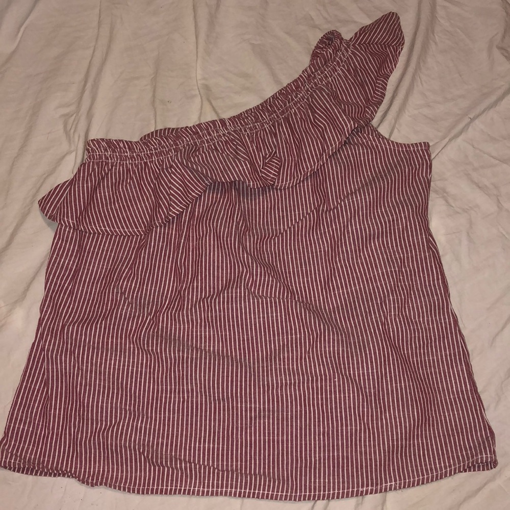 So It Is one shoulder Top maroon and white stripe